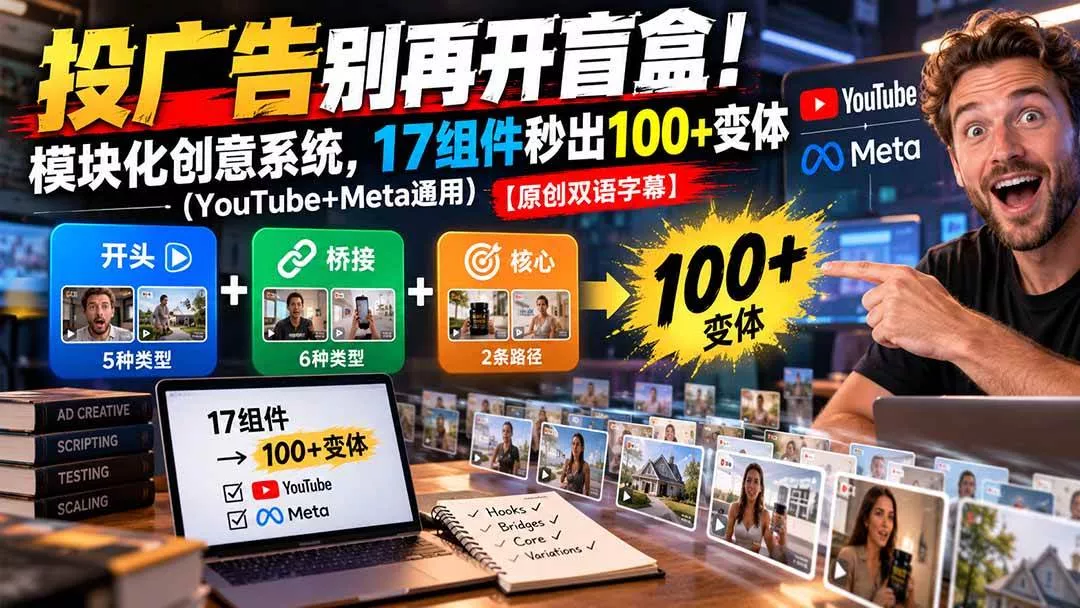 （20840期）投广告别再开盲盒！模块化创意系统，17组件秒出100+变体（YouTube+Meta通用）【原创双语字幕】