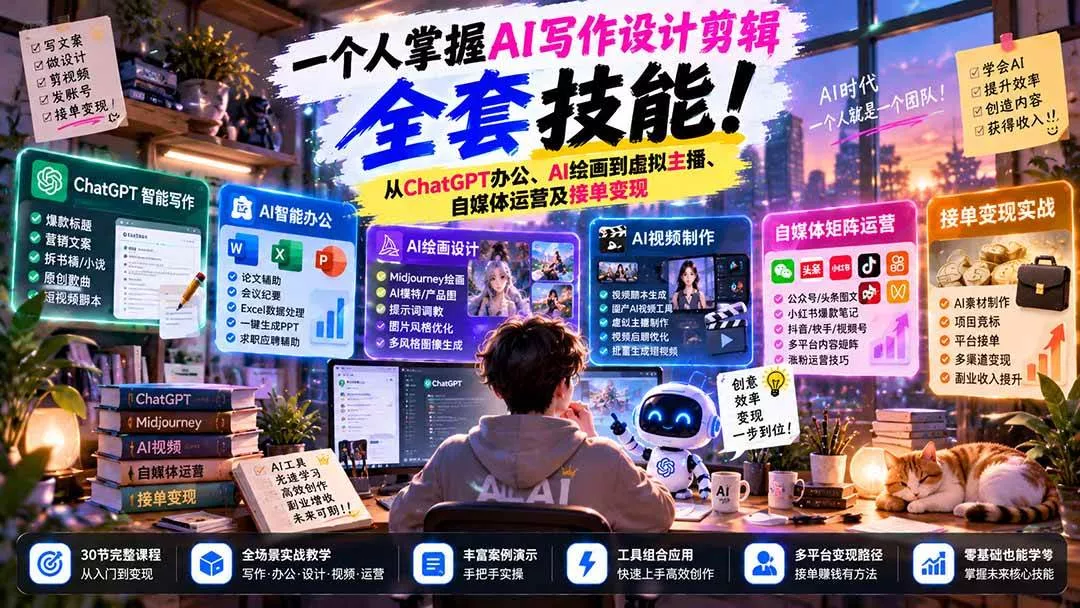 (21029期)一个人掌握AI写作设计剪辑全套技能:从ChatGPT办公、AI绘画到虚拟主播、自媒体运营及接单变现 (21029期)一个人掌握AI写作设计剪辑全套技能:从ChatGPT办公、AI绘画到虚拟主播、自媒体运营及接单变现