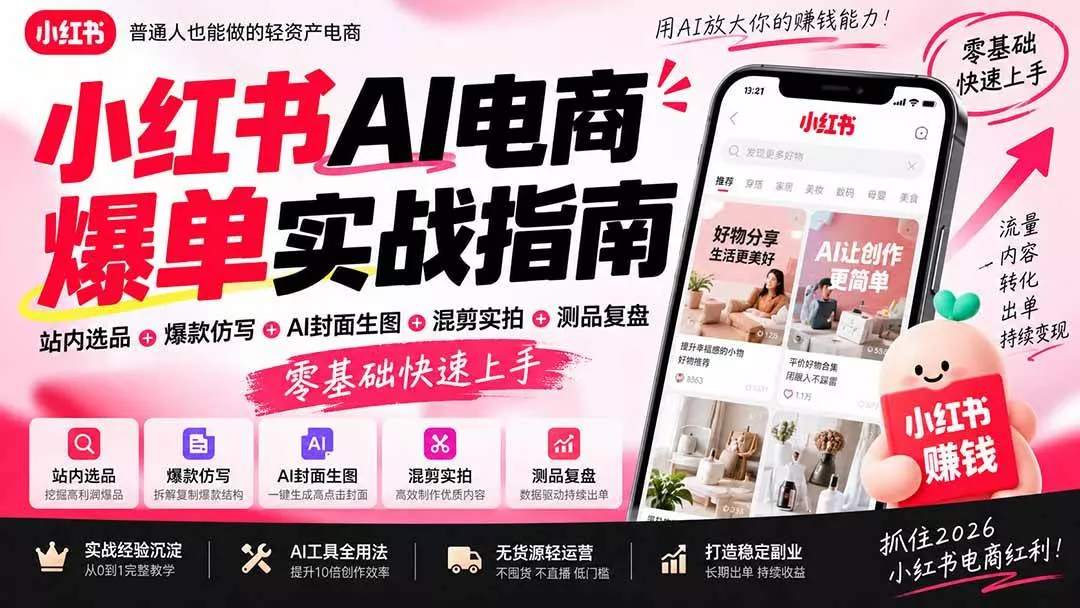 (20516期)2026小红书AI电商爆单实战指南:站内选品+爆款仿写+AI封面生图+混剪实拍+测品复盘,零基础快速上手 (20516期)2026小红书AI电商爆单实战指南:站内选品+爆款仿写+AI封面生图+混剪实拍+测品复盘,零基础快速上手