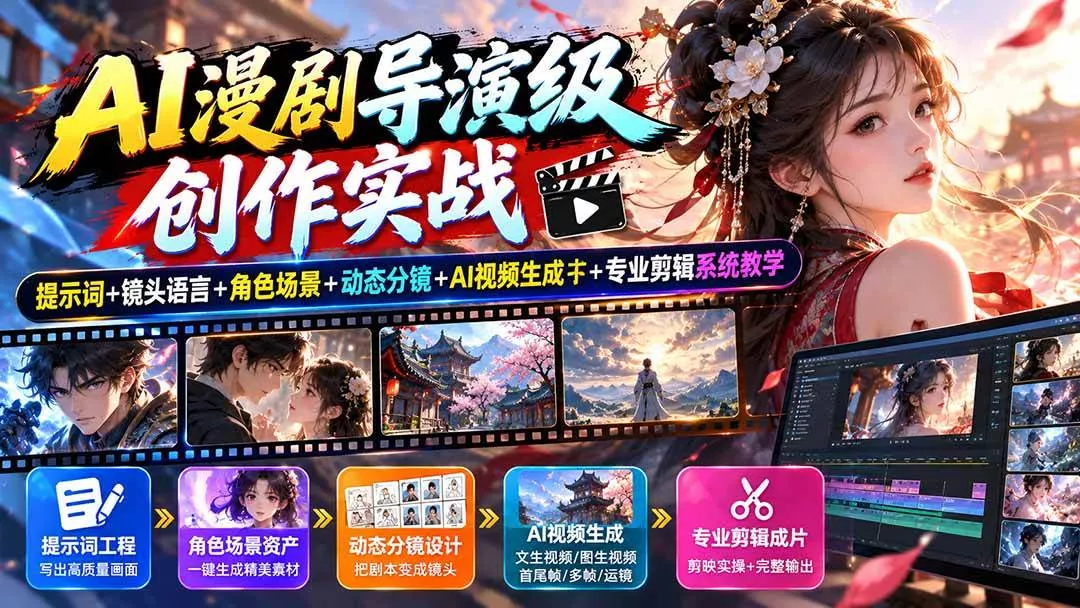 (20814期)AI漫剧导演级创作实战:提示词+镜头语言+角色场景+动态分镜+AI视频生成+专业剪辑系统教学 (20814期)AI漫剧导演级创作实战:提示词+镜头语言+角色场景+动态分镜+AI视频生成+专业剪辑系统教学