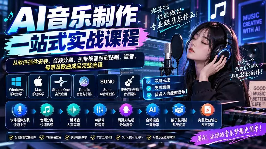 （20490期）AI音乐制作一站式实战课程：从软件插件安装、音频分离、扒带换音源到贴唱、混音、母带及歌曲成品完整流程