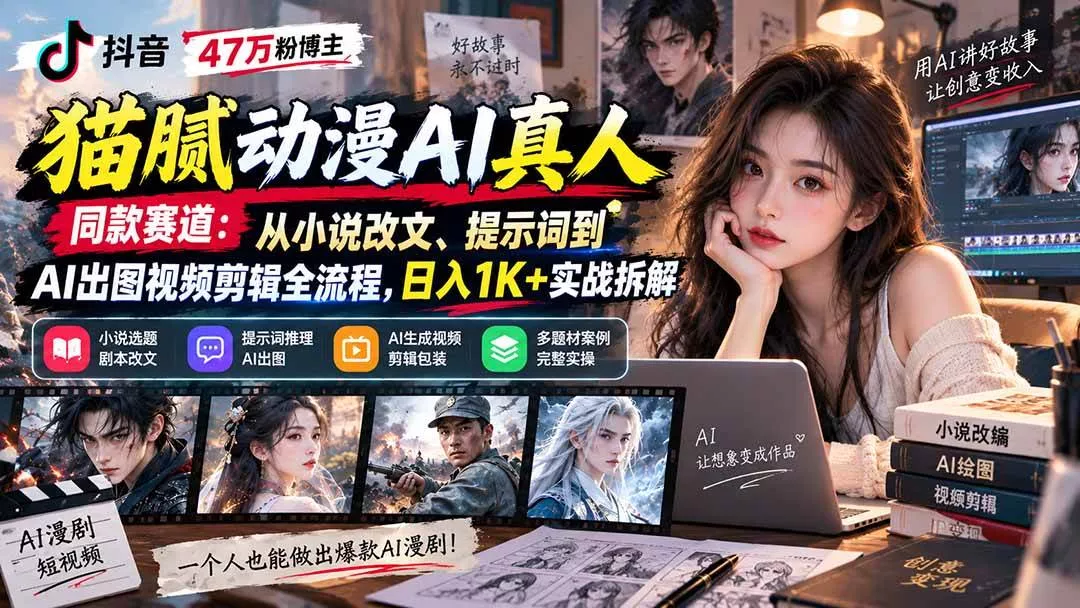 (20524期)抖音47万粉博主猫腻动漫AI真人同款赛道:从小说改文、提示词到AI出图视频剪辑全流程,日入1K+实战拆解 (20524期)抖音47万粉博主猫腻动漫AI真人同款赛道:从小说改文、提示词到AI出图视频剪辑全流程,日入1K+实战拆解
