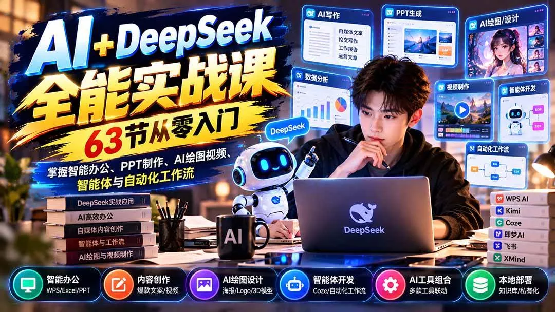 (21141期)AI+DeepSeek全能实战课:63节从零入门,掌握智能办公、PPT制作、AI绘图视频、智能体与自动化工作流 (21141期)AI+DeepSeek全能实战课:63节从零入门,掌握智能办公、PPT制作、AI绘图视频、智能体与自动化工作流