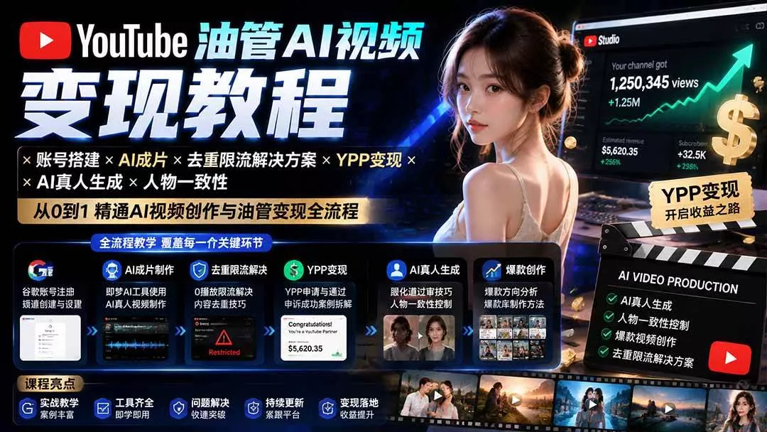（20649期）YouTube油管AI视频变现教程-更新0926：账号搭建×AI成片×去重限流解决方案×YPP变现×AI真人生成×人物一致性