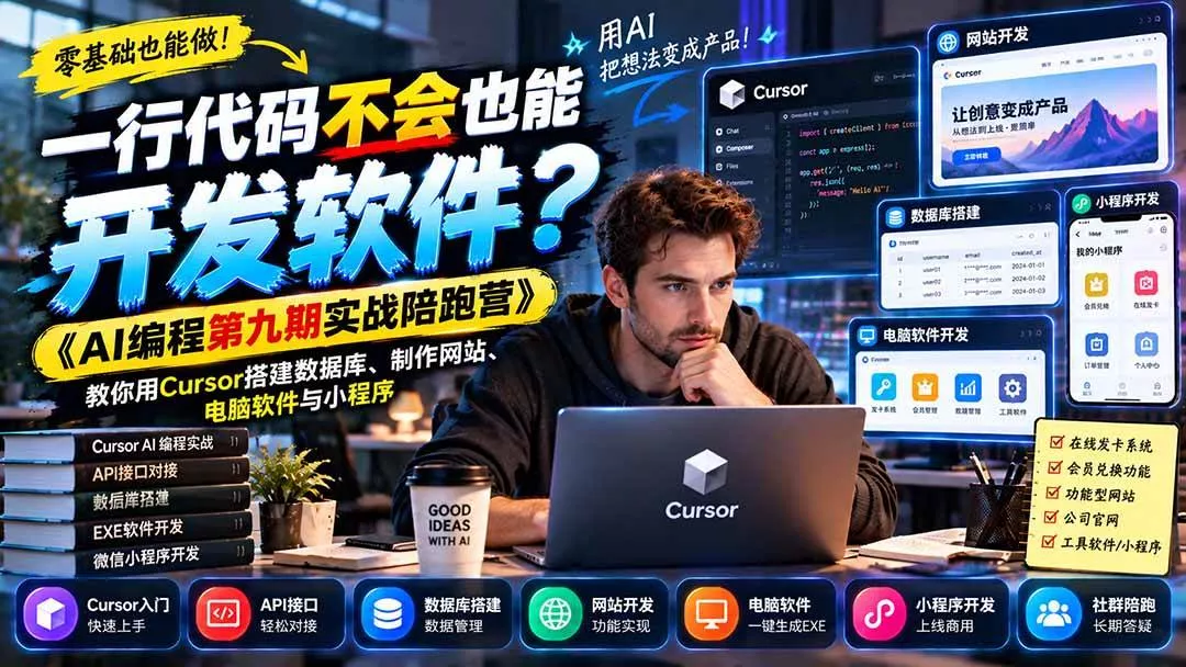 (21146期)一行代码不会也能开发软件?《AI编程第九期实战陪跑营》教你用Cursor搭建数据库、制作网站、电脑软件与小程序 (21146期)一行代码不会也能开发软件?《AI编程第九期实战陪跑营》教你用Cursor搭建数据库、制作网站、电脑软件与小程序