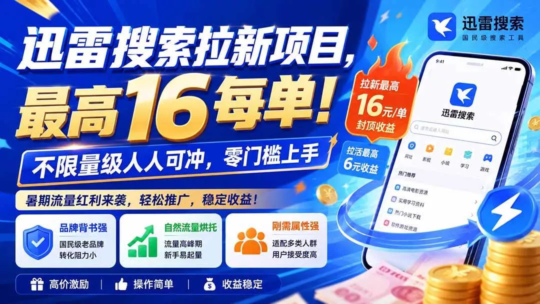 (20459期)迅雷搜索拉新项目-更新0914,最高16元/每单!不限量级人人可冲,零门槛上手 (20459期)迅雷搜索拉新项目-更新0914,最高16元/每单!不限量级人人可冲,零门槛上手