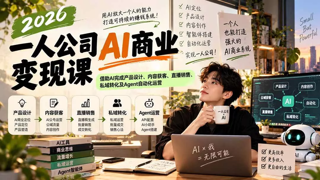 (20901期)2026一人公司AI商业变现课:借助AI完成产品设计、内容获客、直播销售、私域转化及Agent自动化运营 (20901期)2026一人公司AI商业变现课:借助AI完成产品设计、内容获客、直播销售、私域转化及Agent自动化运营