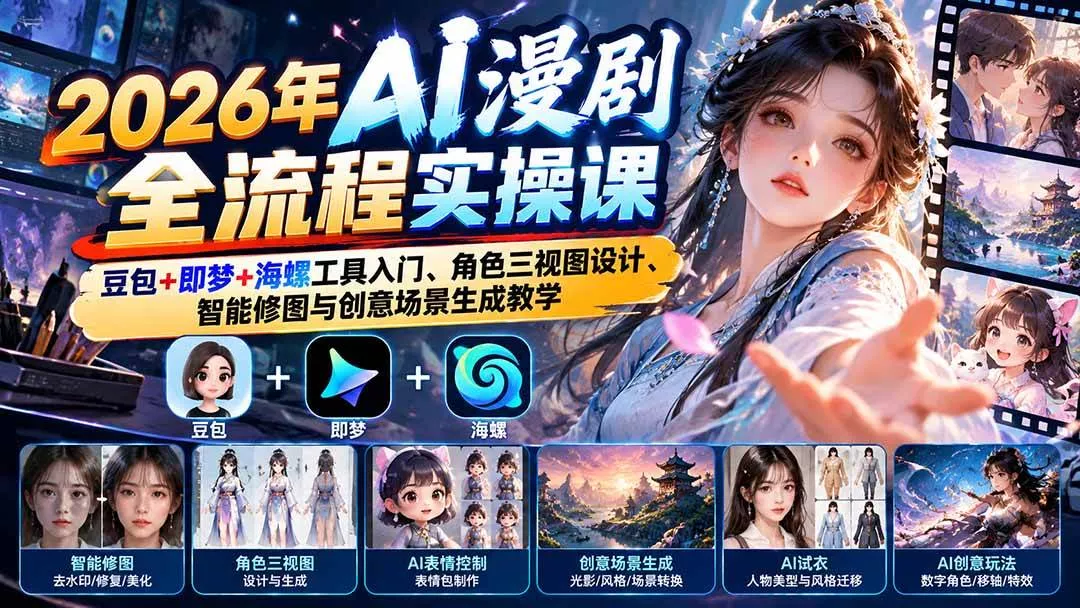 （21077期）2026年AI漫剧全流程实操课：豆包+即梦+海螺工具入门、角色三视图设计、智能修图与创意场景生成教学