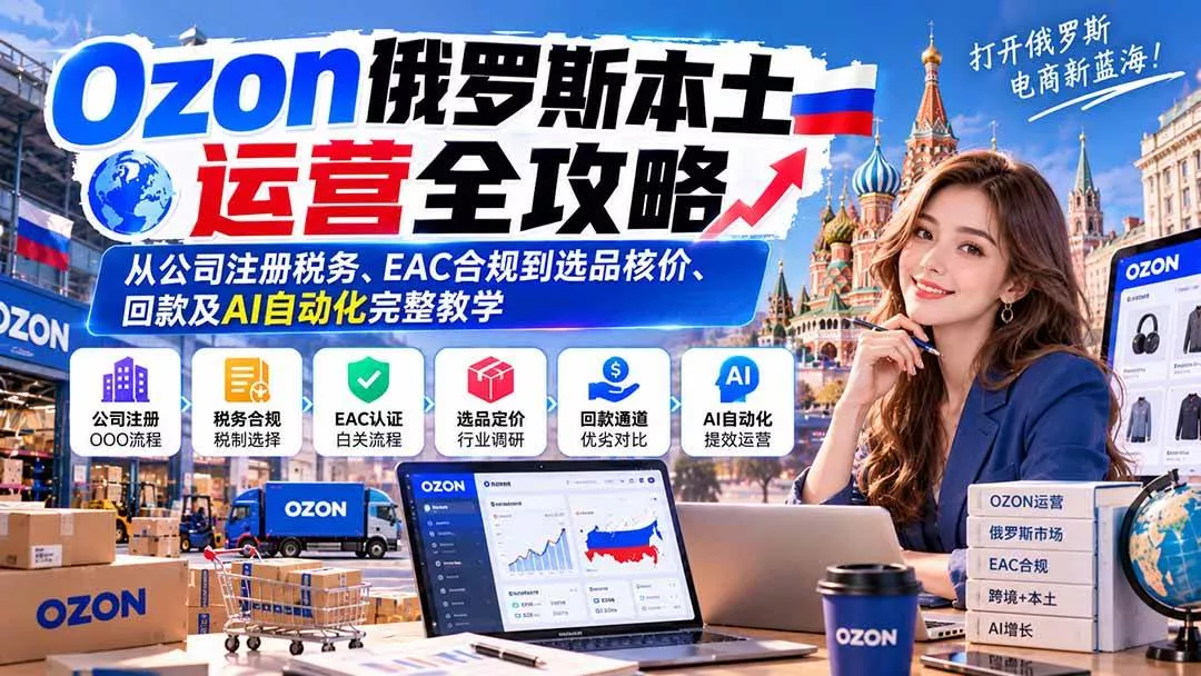 （20851期）Ozon俄罗斯本土运营全攻略：从公司注册税务、EAC合规到选品核价、回款及AI自动化完整教学