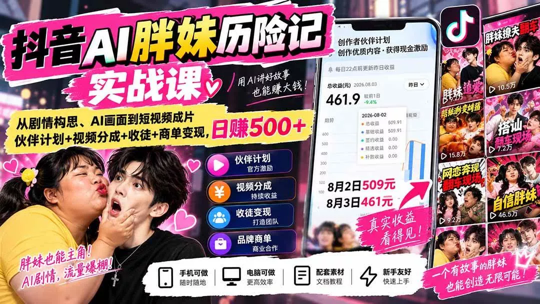 (20489期)抖音AI胖妹历险记实战课:从剧情构思、AI画面到短视频成片,伙伴计划+视频分成+收徒+商单变现,日赚500+ (20489期)抖音AI胖妹历险记实战课:从剧情构思、AI画面到短视频成片,伙伴计划+视频分成+收徒+商单变现,日赚500+