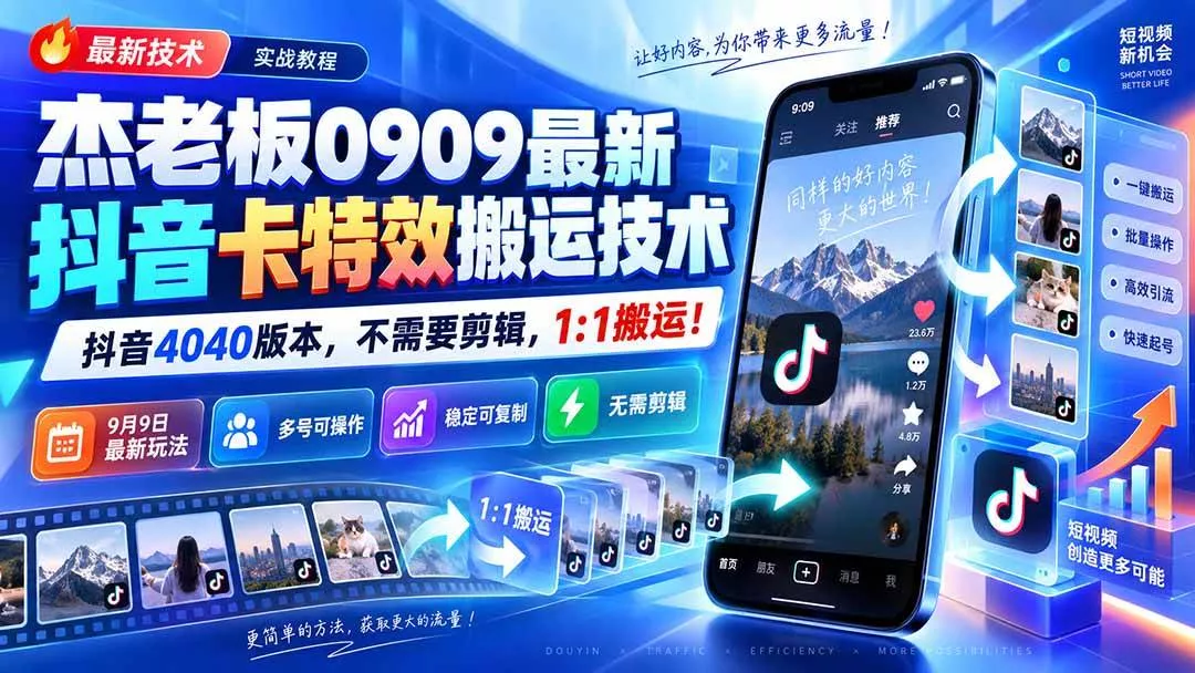 (20369期)杰老板0909最新抖音卡特效搬运技术,抖音4040版本,不需要剪辑,1:1搬运! (20369期)杰老板0909最新抖音卡特效搬运技术,抖音4040版本,不需要剪辑,1:1搬运!