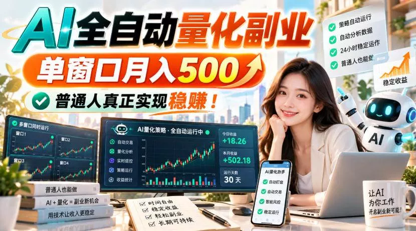 （20735期）AI全自动量化副业，单窗口月入500，普通人真正实现稳赚！