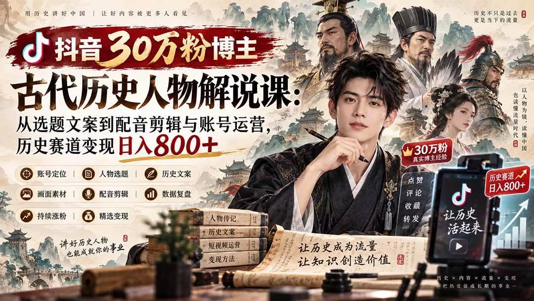 (20441期)抖音30万粉博主古代历史人物解说课:从选题文案到配音剪辑与账号运营,历史赛道变现日入800+ (20441期)抖音30万粉博主古代历史人物解说课:从选题文案到配音剪辑与账号运营,历史赛道变现日入800+